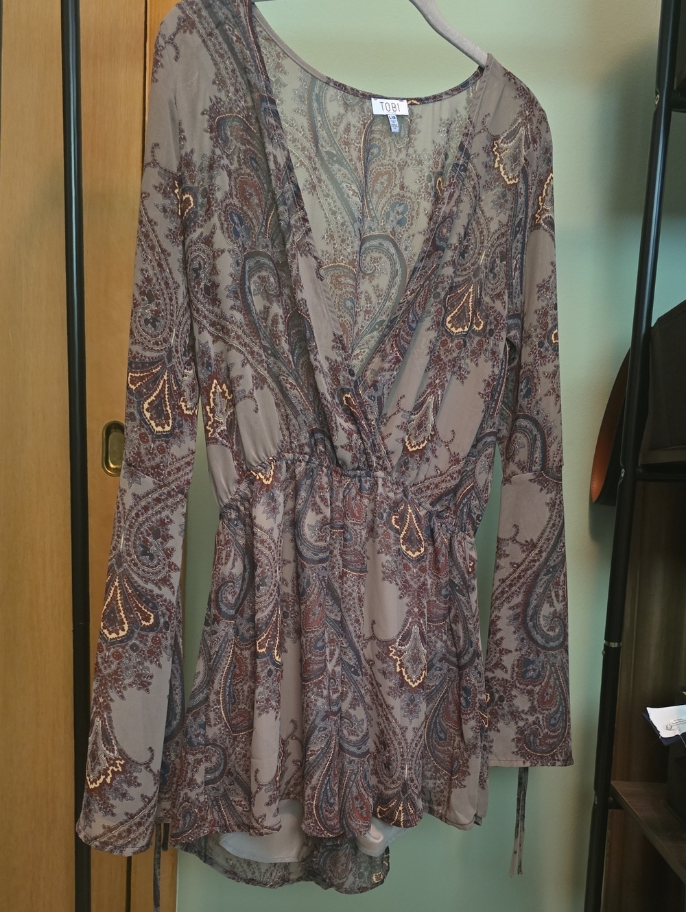 Boho Bell Sleeve Paisley Romper L